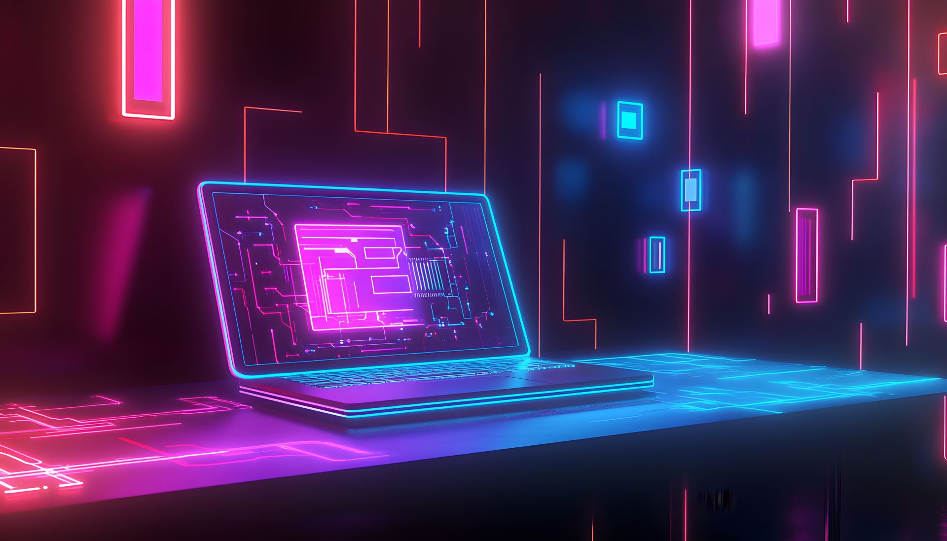 Illustrated computer in thepink, blue and black background
